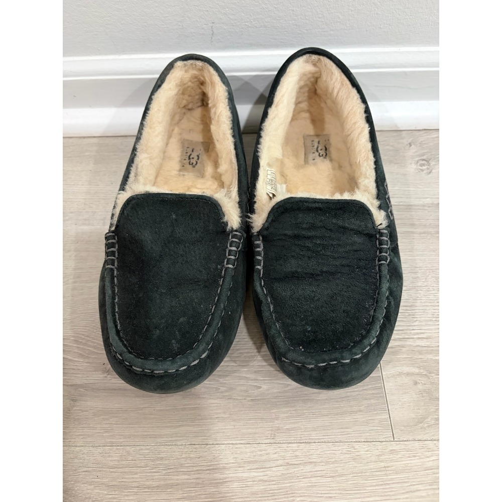 UGG Ansley Light Black Suede Moccasin Slippers Womens Sz 10 Shearling Fur Lined